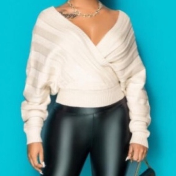 Front V Neck Back V W/A OPEN Back Striped Crisscross Front Twilled Silk Sweater - Picture 7 of 8